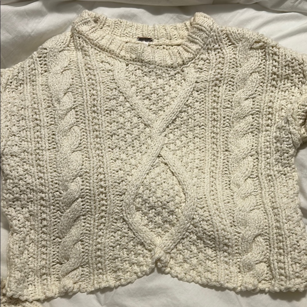 Free People Cream Cropped Cable Knit Crew Neck Sweater women size XS long sleeve - Picture 2 of 8